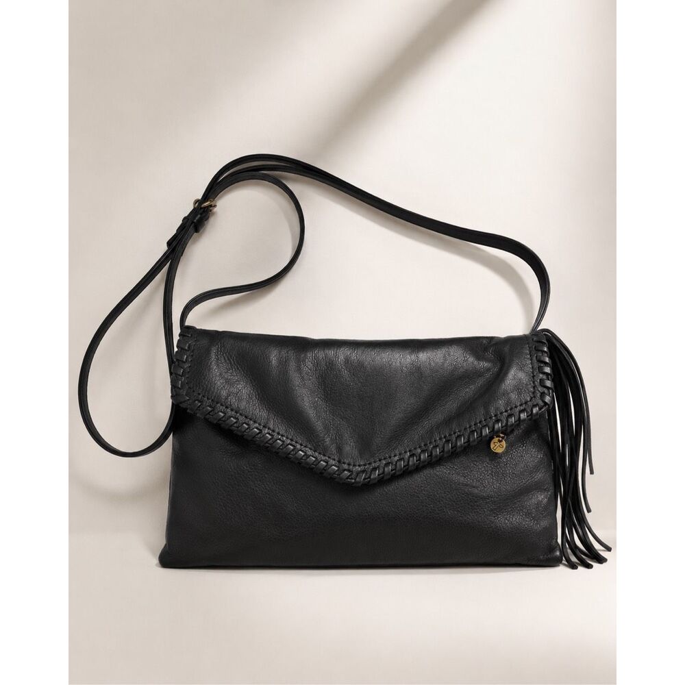 Hobo International Black Leather Whipstitch Fringe Crossbody Clutch Convertible